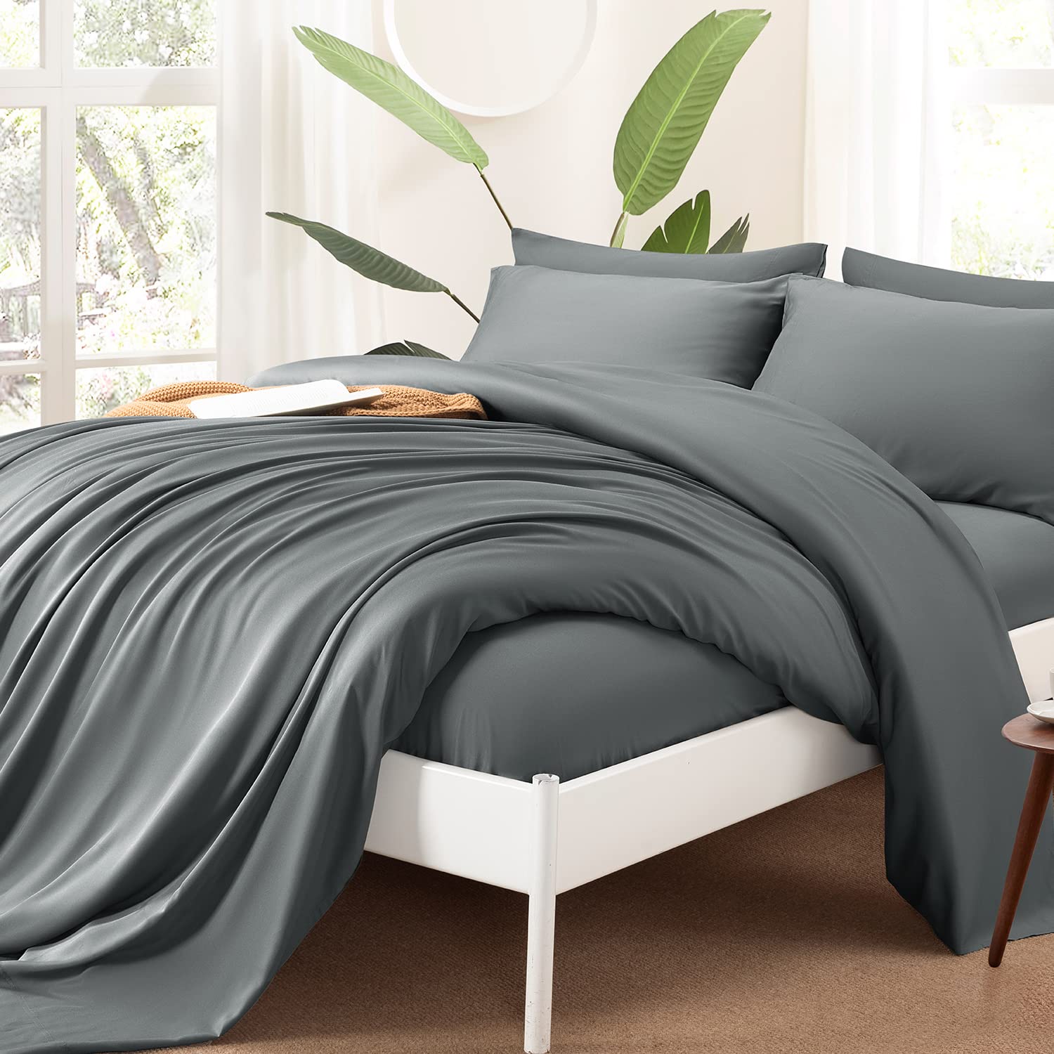 Shilucheng Cool 6Pc 100% Bamboo_ California King Size Bed Sheets Set 1800 Thread Count 16 Inch Deep Pockets Eco Friendly Soft Comforterble Wrinkle Fade And Hypoallergenic (Cal King,Dark Grey)
